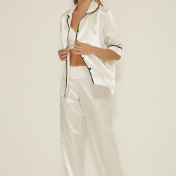 C&City 030 Kadın Saten Kısa Kol 2 li Pijama Takım Beyaz