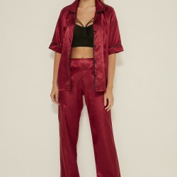 C&City 030 Kadın Saten Kısa Kol 2 li Pijama Takım Bordo