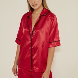 C&City 030 Kadın Saten Kısa Kol 2 li Pijama Takım Kırmızı