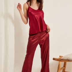 C&City 015 Kadın Saten Pijama Alt Bordo