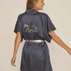 C&City 050 Kadın Bride Nakışlı Saten Sabahlık İndigo