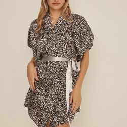C&City 058 Kadın Bride Nakışlı Leopar Saten Sabahlık Siyah