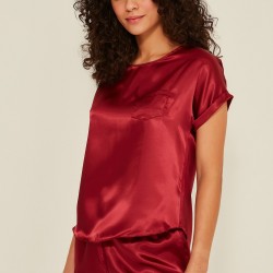 C&City 080 Kadın Saten T-Shirt Şort Takım Bordo