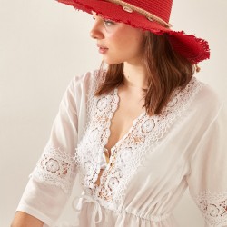 C&City Kadın Hasır Plaj Şapkası Y1730-15 Kırmızı