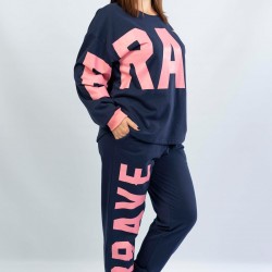 C&City Uzun Kol Büyük Beden Pijama Takım 1052320000 Lacivert/Pembe