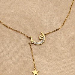 Çelik Gold Renk Zirkon Taşlı Ay Yıldız Model Sallantılı Kadın Kolye