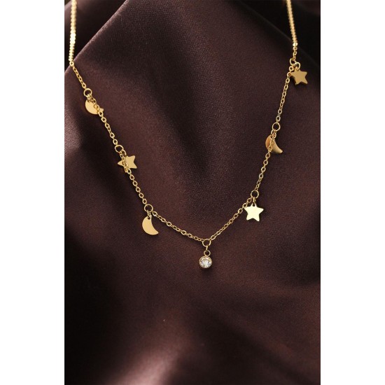 Çelik Gold Renk Zirkon Taşlı Minimal Ay Yıldız Kolye Çelik Gold Renk Zirkon Taşlı Minimal Ay Yıldız Kolye