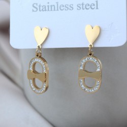 Çelik Gold Renkli Kalp Tasarımlı Taşlı Sallantılı Kadın Küpe