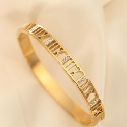 Çelik Gold Zirkon Taşlı Roma Rakamlı Kelepçe Bileklik