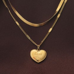 Çelik Love You Yazılı Kalp Model Çift Zincir Kolye