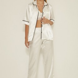 C&City 030 Kadın Saten Kısa Kol 2 li Pijama Takım Beyaz