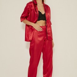 C&City 030 Kadın Saten Kısa Kol 2 li Pijama Takım Kırmızı