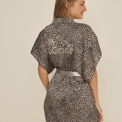 C&City 058 Kadın Bride Nakışlı Leopar Saten Sabahlık Siyah