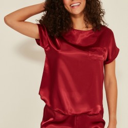 C&City 080 Kadın Saten T-Shirt Şort Takım Bordo