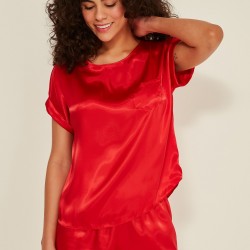 C&City 080 Kadın Saten T-Shirt Şort Takım Kırmızı