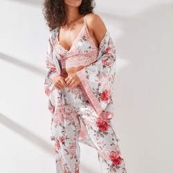C&City Pantolonlu Bralet Sabahlık 3'lü Saten Pijama Takım 9064 Pembe/Ekru