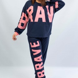 C&City Uzun Kol Büyük Beden Pijama Takım 1052320000 Lacivert/Pembe