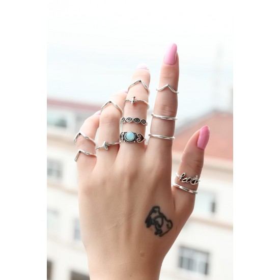 Eskitme Gümüş Renk Metal Otantik 13lü Yüzük Seti Eskitme Gümüş Renk Metal Otantik 13lü Yüzük Seti