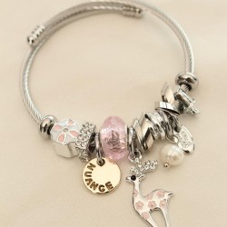 Geyik Figürlü Pembe Taşlı Charm Bilezik