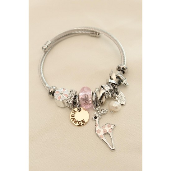 Geyik Figürlü Pembe Taşlı Charm Bilezik Geyik Figürlü Pembe Taşlı Charm Bilezik