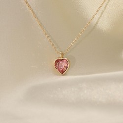 Gold Metal Zincirli Pembe Zirkon Taşlı Kalp Kolye