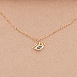 Gold Renk Metal Minimal Mavi Taşlı Göz Kolye