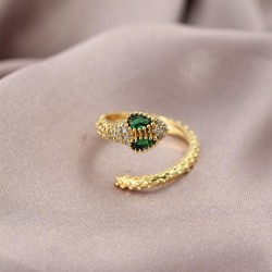 Gold Renk Metal Yeşil Gözlü Yılan Desen Kadın Yüzük