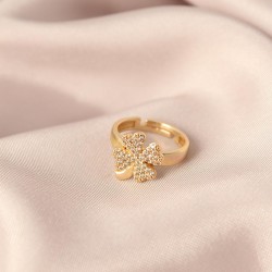 Gold Renkli Metal Zirkon Taşlı Yonca Model Ayarlanabilir Kadın Yüzük