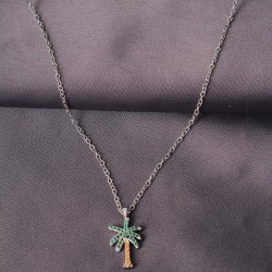 Gümüş Renk Metal Zirkon Taş Palmiye Ağaç Tasarımlı Kadın Kolye