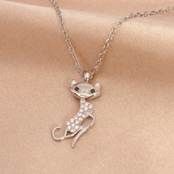Gümüş Renk Metal Zirkon Taşlı Kedi Kolye