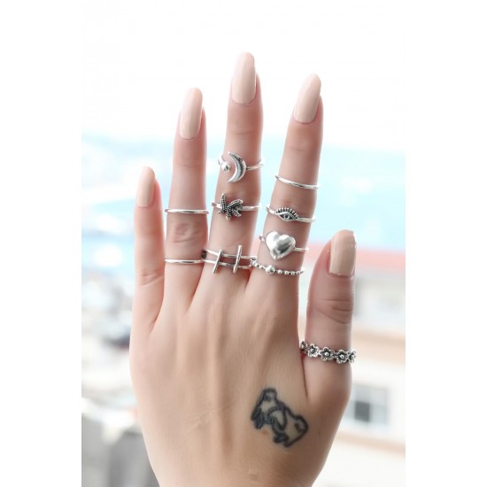 Gümüş Renkli Metal Otantik 10lu Yüzük Seti Gümüş Renkli Metal Otantik 10lu Yüzük Seti