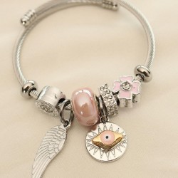 Kanat ve Pembe Göz Figürlü Taşlı Charm Bilezik