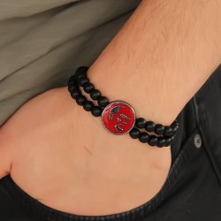 Kırmızı Renk Metal Atatürk İmza Tasarımlı Siyah Mat Oniks Doğal Taş Erkek Bileklik