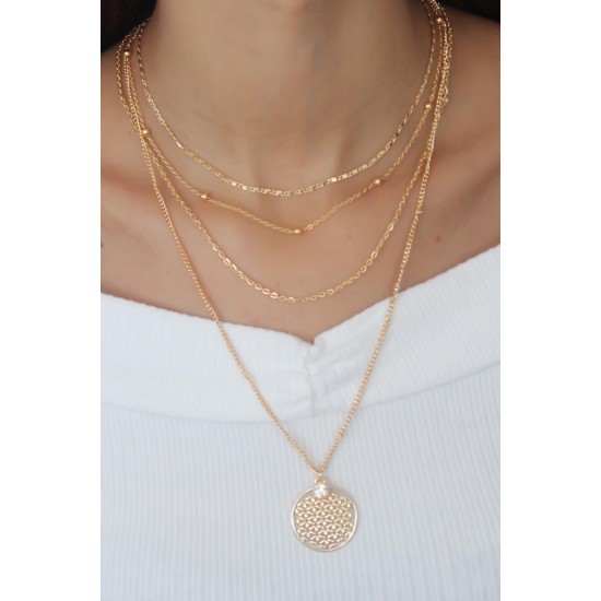 Lotus Çiçeği ve Zirkon Taş Detaylı Gold Renk Kadın Kombin Kolye Lotus Çiçeği ve Zirkon Taş Detaylı Gold Renk Kadın Kombin Kolye