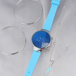 Mavi Silikon Kordonlu Gümüş Kasa Led Ekran Kadın Saat Kolye ve Küpe Seti