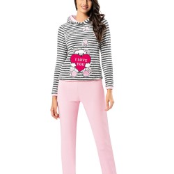 Mel Bee Kapşonlu Peluş Pijama Takımı Çizgili MBP23622-1 Pembe