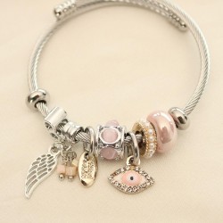 Minimal Kanat ve Pembe Göz Figürlü Taşlı Charm Bilezik