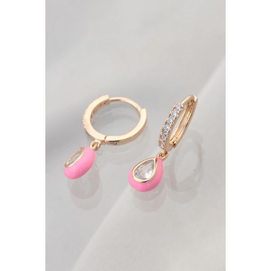 Minimal Taşlı Pembe Damla Model Küpe