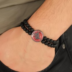 Osmanlı Tuğralı Bordo Metal Aksesuarlı Siyah Oniks Doğal Taş Erkek Bileklik