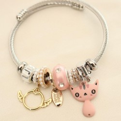 Pembe Kedi Figürlü İncili Charm Bilezik