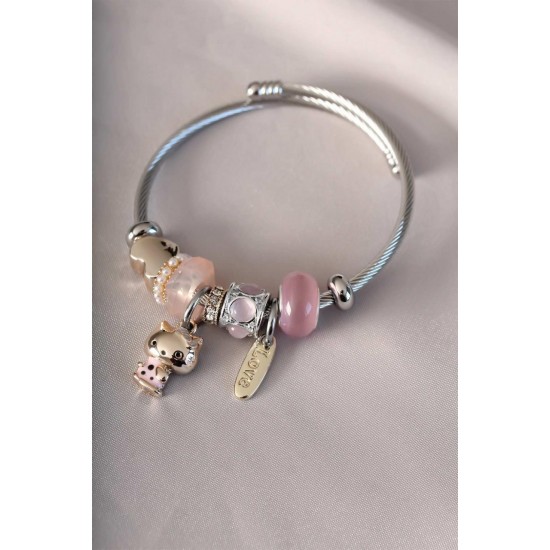 Pembe Renk Detaylı Kedi Figürlü Charm Bileklik Pembe Renk Detaylı Kedi Figürlü Charm Bileklik