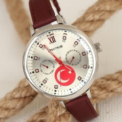 Silver Kasa Türk Bayrak Tasarımlı Bordo Renk Deri Kordonlu Kadın Kol Saati