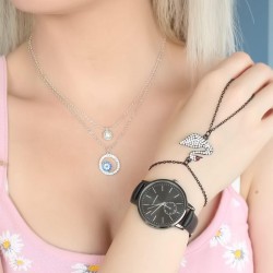 Siyah Deri Kordonlu Kadın Saat Kolye ve Şahmeran Bileklik Seti