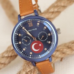 Türk Bayrak Tasarımlı Kahverengi Deri Kordonlu Lacivert Kasa Kadın Saat