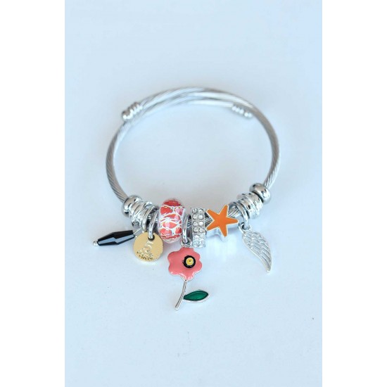 Silver Renk Charm Model Çiçek Aksesuarlı Kararmaz Çelik Kadın Bileklik Silver Renk Charm Model Çiçek Aksesuarlı Kararmaz Çelik Kadın Bileklik
