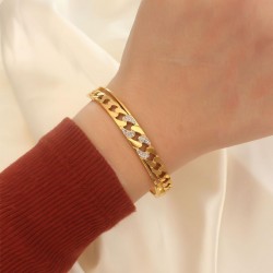 Çelik Gold Zirkon Taşlı Virgül Detay Kelepçe Bileklik