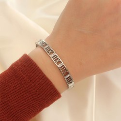 Çelik Silver Zirkon Taşlı Roma Rakamlı Kelepçe Bileklik
