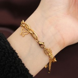 Çelik Gold Renk Kelebek Model Çift Zincir Bileklik
