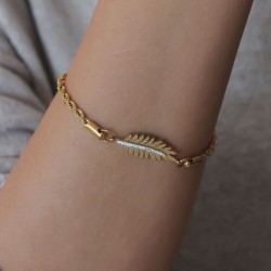 Çelik Gold Renk Yaprak Figür Zirkon Taşlı Kadın Bileklik