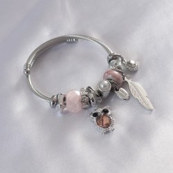 Çelik Charm Model Pembe Baykuş Figür Yaprak Detay Zirkon Taşlı Kadın Bileklik